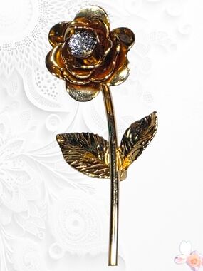 Vintage Danecraft 14K Gold Filled Rose Brooch Tested Diamond Accent Pin